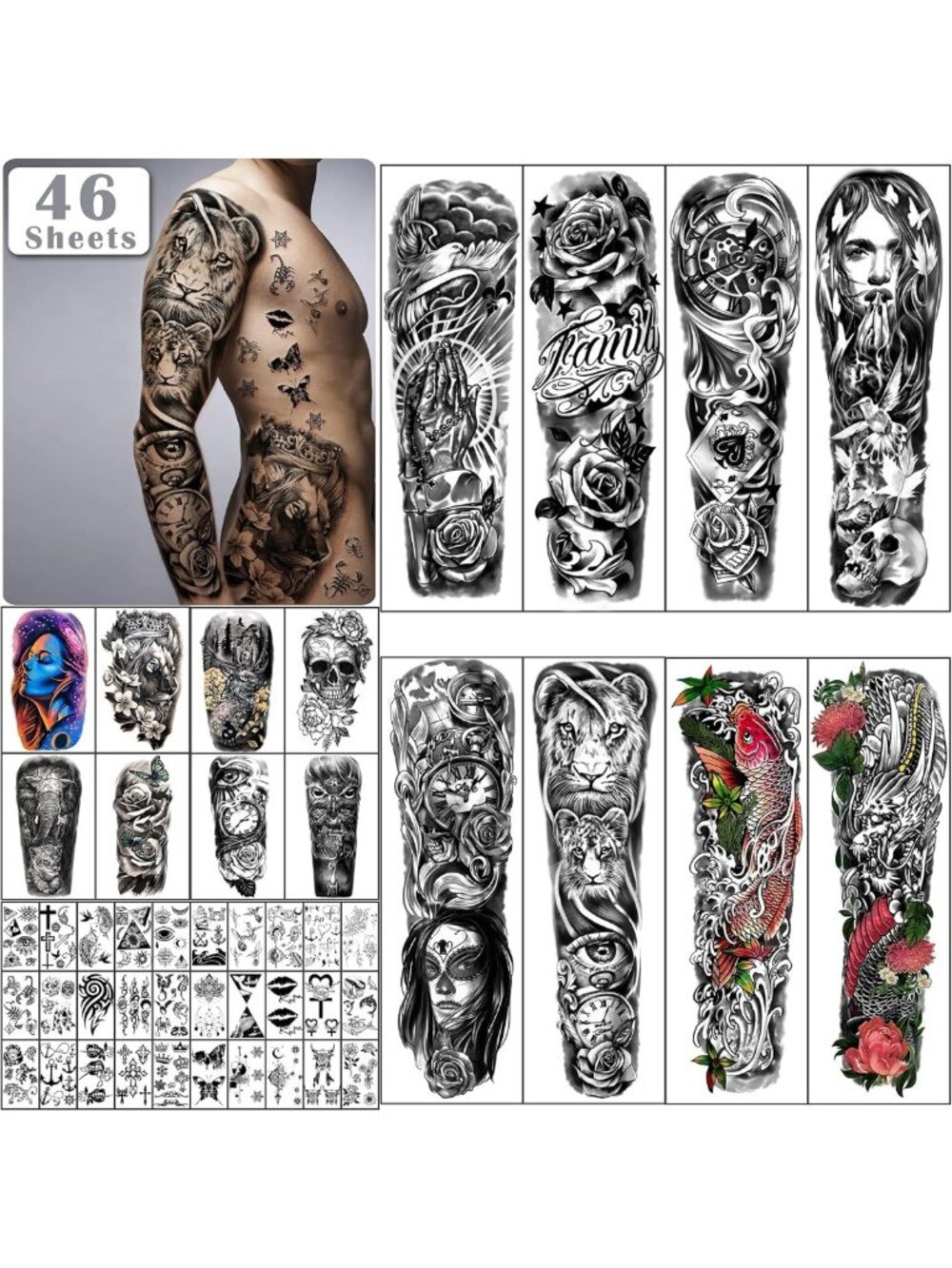 Extra Large Waterproof Temporary Tattoos - 46 Sheets Full & Half Arm Designs for